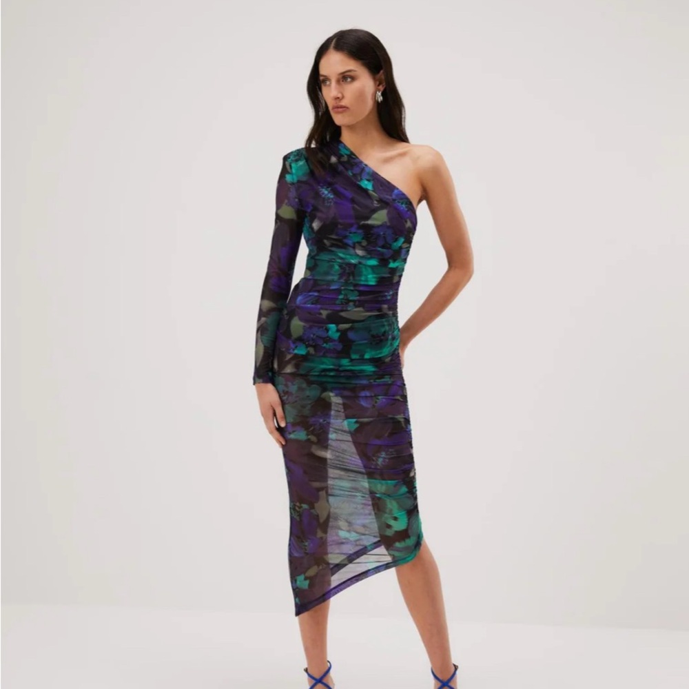MISHA Ramona Mesh Midi Dress | Water Color Floral Jewel Tone Glam NWOT